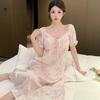 1011 Summer New Sweet Ice Silk Nightdress Women's Sexy Pajamas with Chest Pads Thin Long Court Style Loungewear