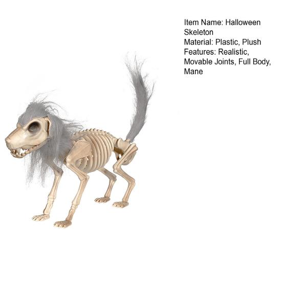 Halloween Skeleton Dog Decoration Posable Standing Dog Skeleton with Movable Joints Plastic Full Body Dog Bone with Mane