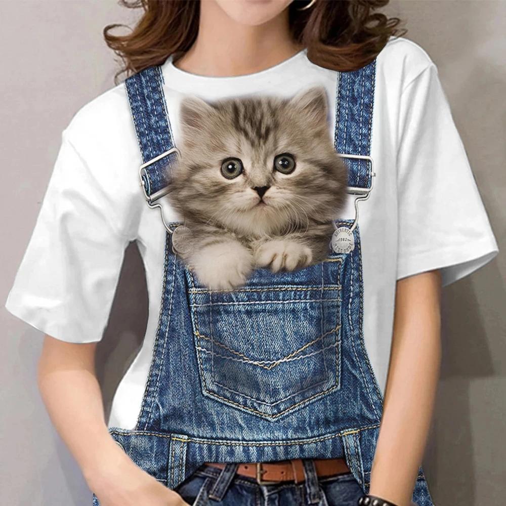 Animal 3d Fashion Cat Print Shirts Women s Crew Neck T-shirts Fun Short Sleeves Colorful Tops Summer Sweatshirts Vintage T-shirt S