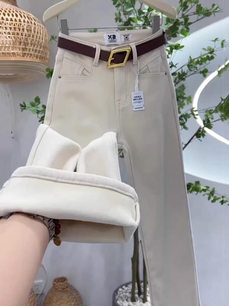 

Женские 2024 Кокос Абрикос Флисовая Подкладка Высокая Посадка Утягивающие Зимние Прямые Брюки XXL