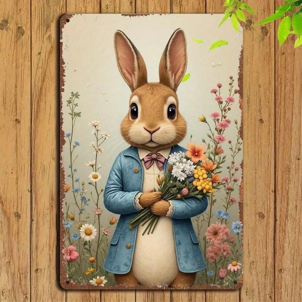 Vintage Rabbit Bouquet Metal Tin Sign Rustproof Retro Wall Decor Plaque 8x12 Inch Home Bar Cafe Kitchen Garden