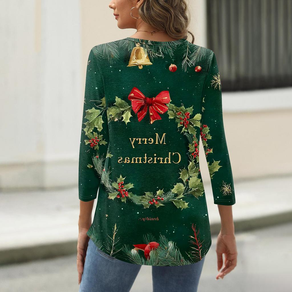 Women's Fashionable Casual Three Quarter Sleeve Christmas Printed Round Neck Top