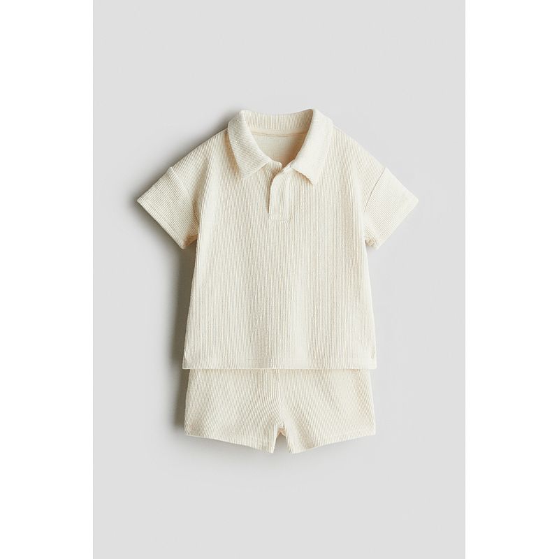 

HM Детская одежда Костюм для малышей из 2 предметов Осень Новое поступление Текстурированное трикотажное поло Шорты Костюм 1293789 Beige 001 90/52(1 ½-2Y)