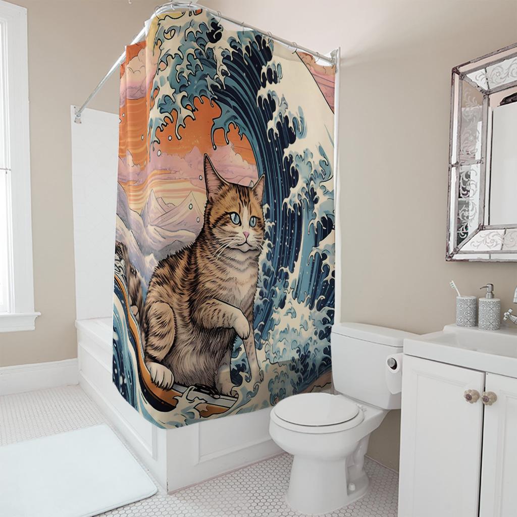 Funny Surfing Cat Great Wave Shower Curtain - Creative Ukiyo-E Ocean Art Design - Indoor Home Bathroom Decor Bath Curtain