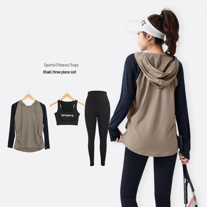 2026 Women's Three-Piece Sportswear Set: Long Sleeve Top with Loose Plus-Size Fit and Slimming Tapered Leggings for Yoga