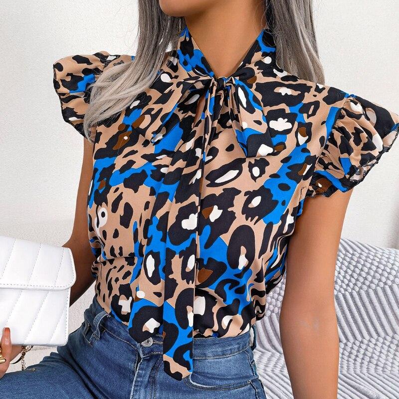 Sommer Ärmelloses Shirt Lässige Mode Leopard Print Bluse Süße Spitze-up Bogen Kragen Chiffon Tops Frauen Lose Kleidung 28622