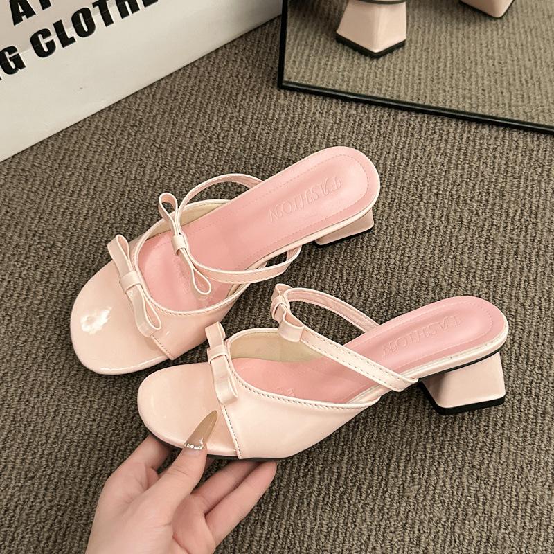 Bow thick heel slippers women's summer wear 2025 new with skirt one-word sandals beautiful French high heels