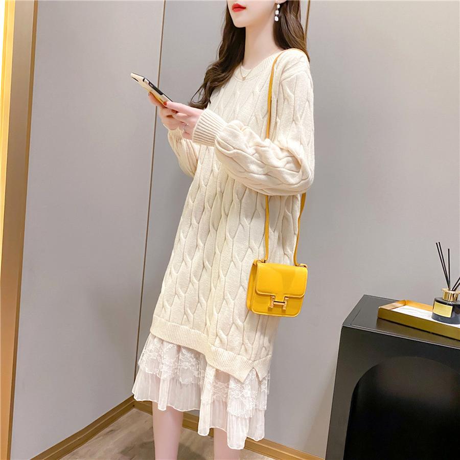 Langärmeliges Strickkleid mit Spitzenbesatz für Damen Herbst Koreanischer Stil Einfarbig Floraler Cardigan-Pullover