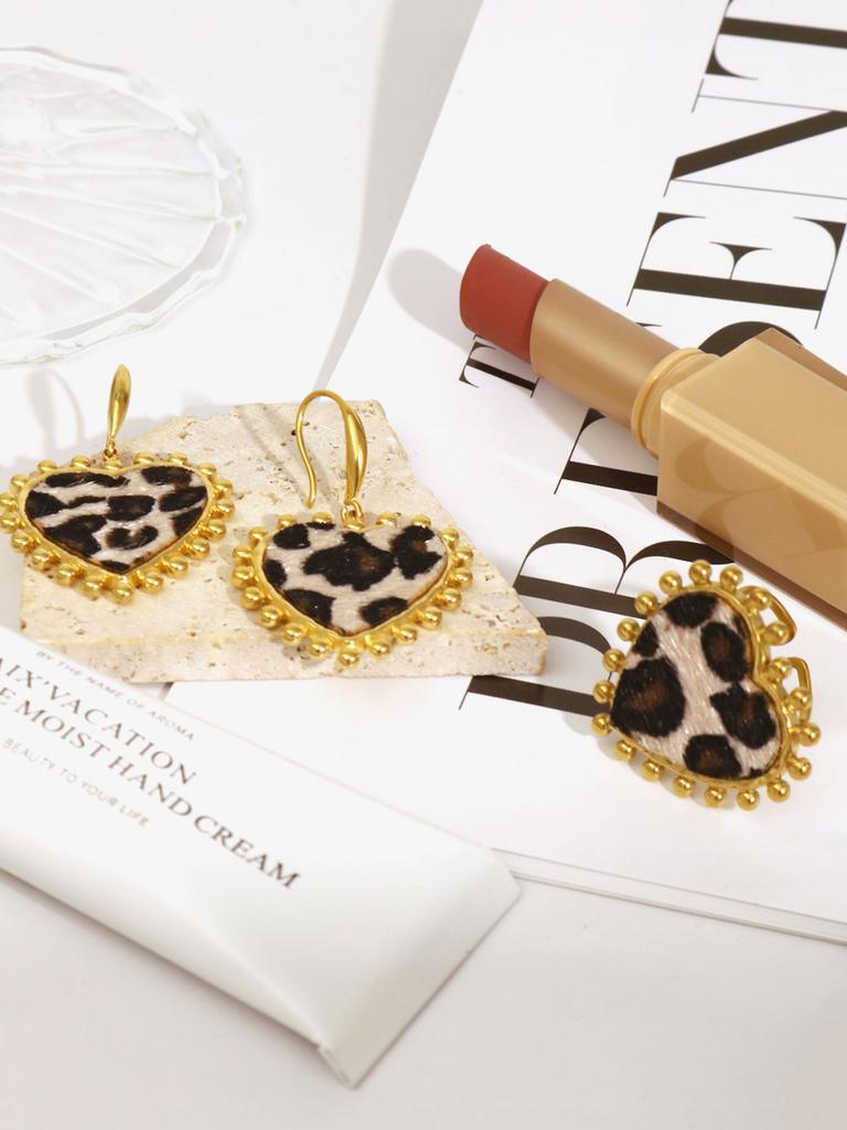 Acier Inoxydable Plaqué Or 18K Amour Crin de Cheval Imprimé Léopard Pendentif Boucles d'Oreilles Puces Style Métallique Élégantes Zircon Cadeaux