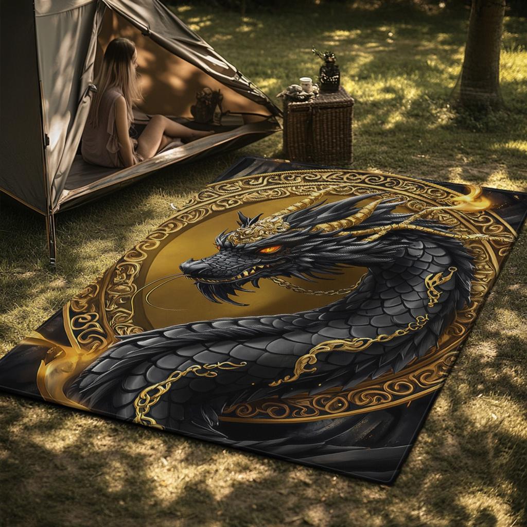 Black dragon with golden chain Chinese mythology crystal velvet rug powerful mythical creature art for home decor living room or