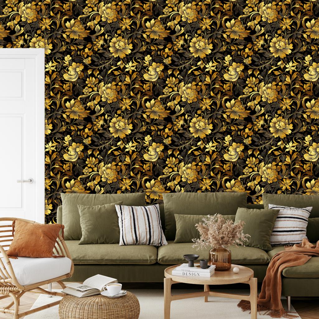 Golden Hibiscus Wallpaper Ochre, Yellow and Gold for Living Room and Bedroom 50x1000