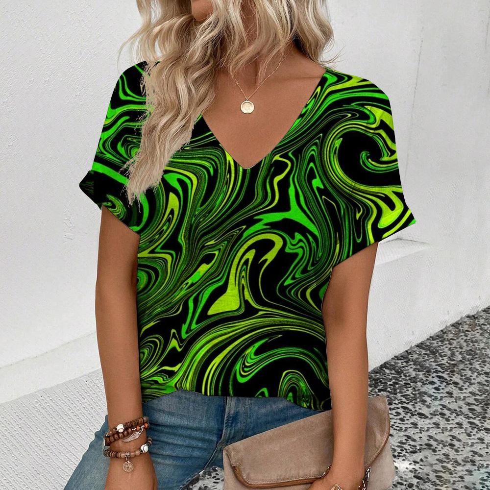 Women'sshort Sleeve V-Neck T-Shirt Colorful Tassels Pattern T-Shirt Fashion Casual Women's Elegant Comfort Large Size T-Shirt