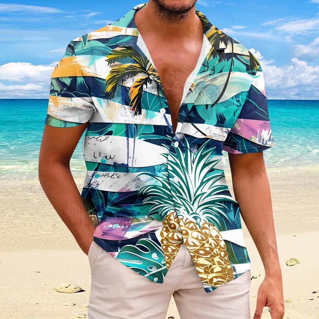 Shirt For Men Casual Fashion Summer Short Sleeve Buttons Printed T Shirt Top
