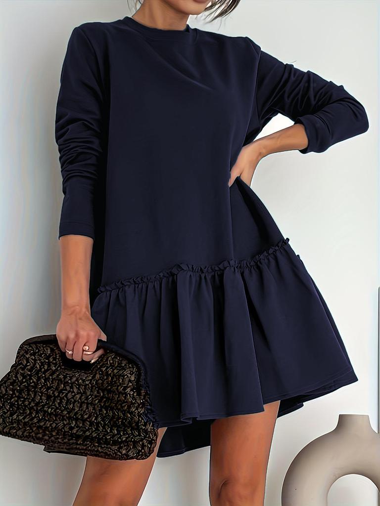 Elegantní evropské a americké plisované jednobarevné dlouhé šaty s volánkovým kulatým výstřihem