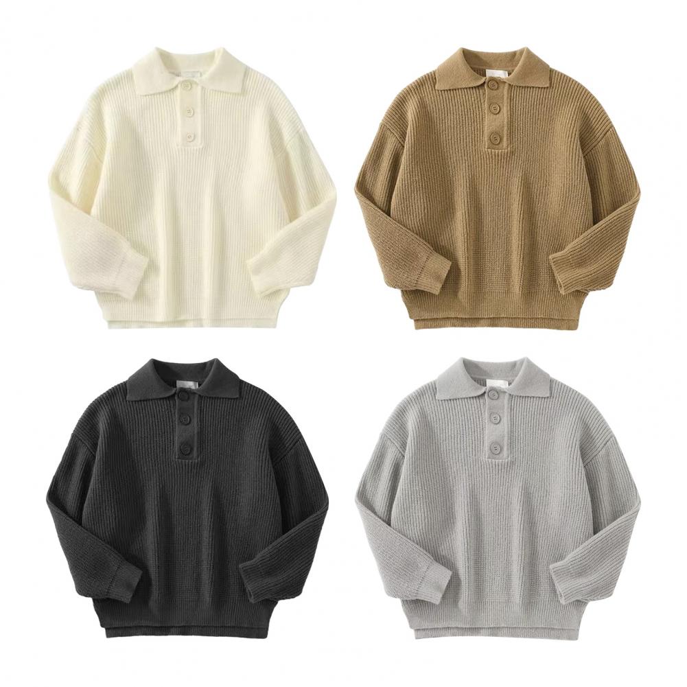 Jesień Zima Męski Sweter Zapinany Kołnierzyk Wykładany Długi Rękaw Top Retro Dzianinowy Gruby Ciepły Jednolity Kolor Pulower Rozciągliwy Do Noszenia na Co Dzień
