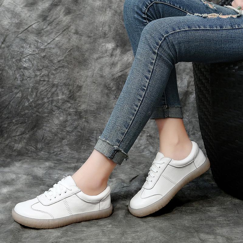 Loafers Ladies Genuine Leather Large Size Spring New Lace-up White Shoes Women Fashion Casual Soft Sole Flat Shoes Women