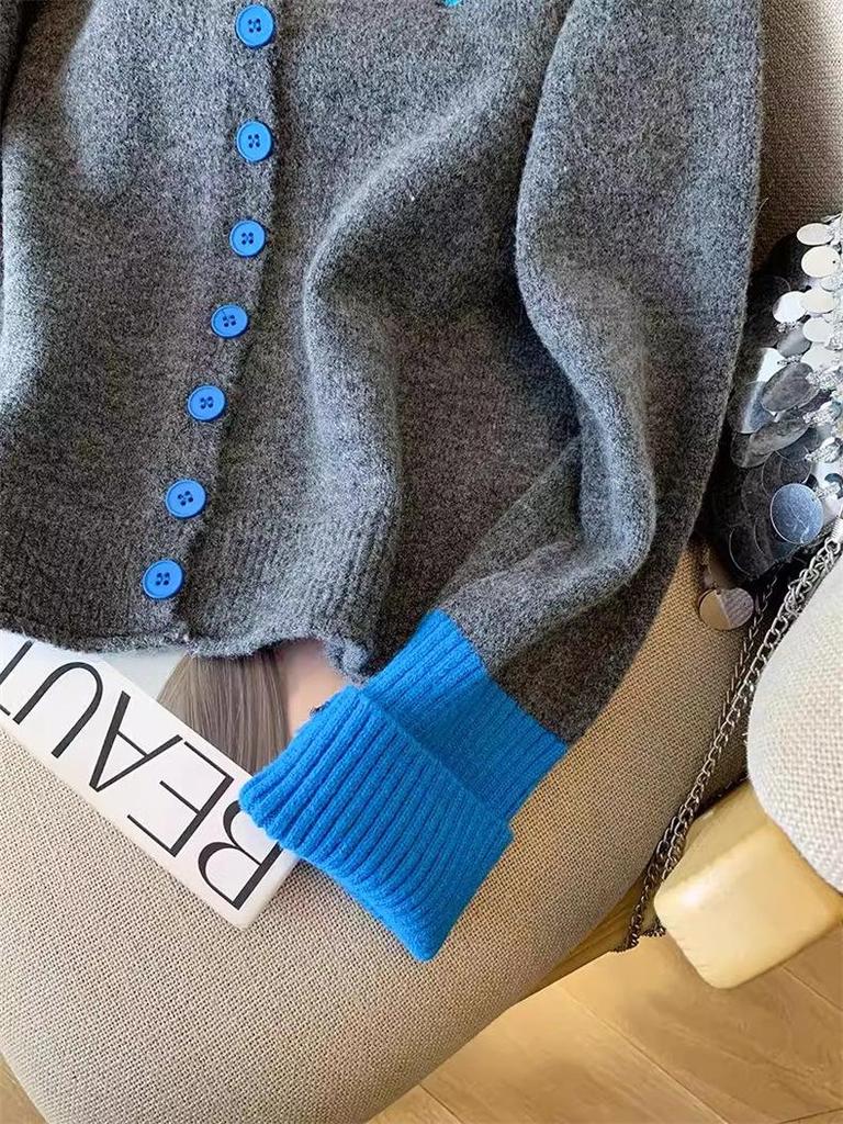 Japanese Heart Embroidery Knit Cardigan for Women - Chic Colorblock Style, Slim Fit, Ideal for Spring and Autumn.