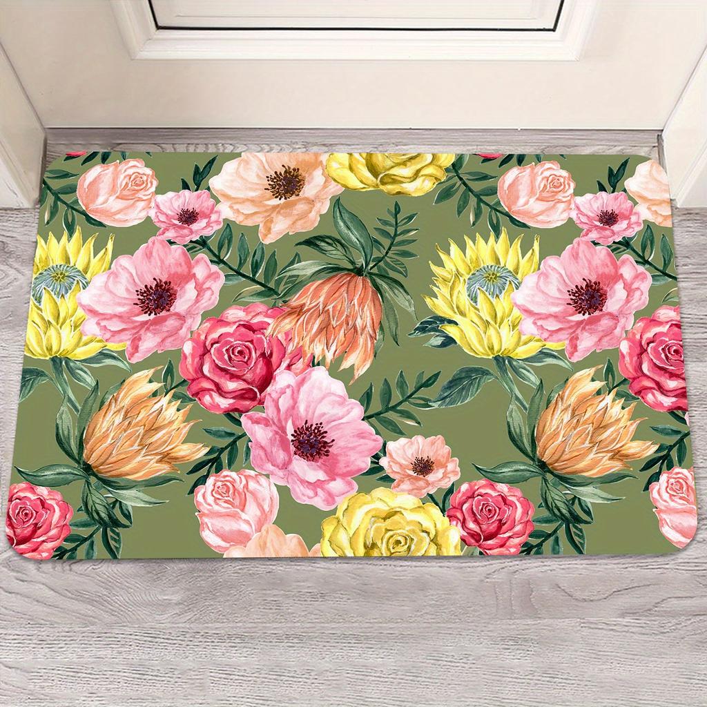 1Pcs Rose Pattern Floor Mat Floral Kitchen polyester Rug Non-Slip Colorful Indoor Carpet, For Home Bathroom Bedroom Living Room Decor