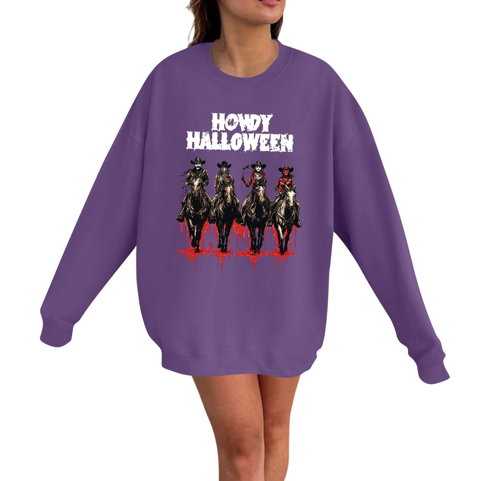 

Женский повседневный модный пуловер с длинным рукавом и принтом на Хэллоуин, с круглым вырезом M фиолетовый