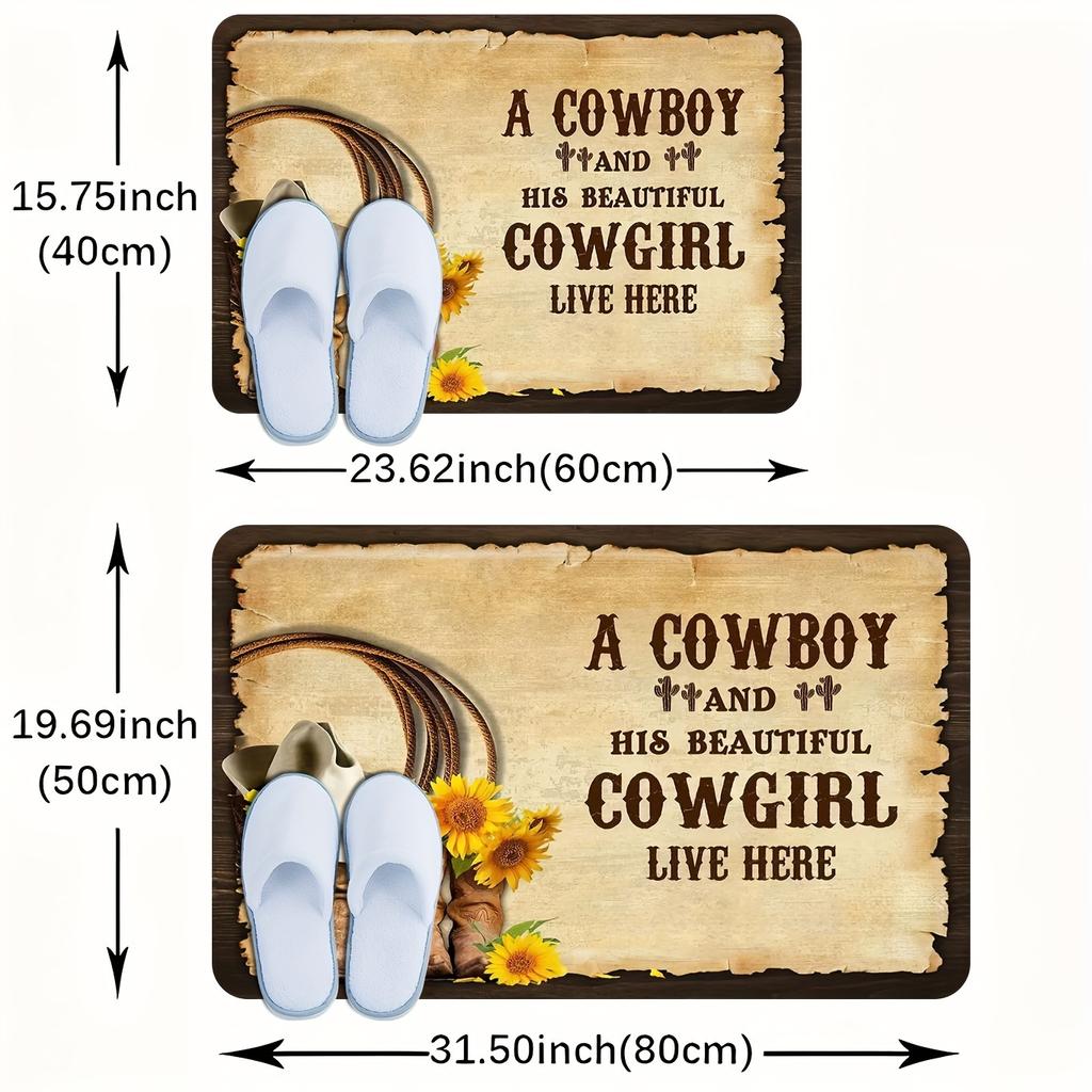 Western Cowboy Pattern Welcome Doormat Area Mat - Machine Washable, High Quality Flannel - Suitable for Living Room, Bedroom