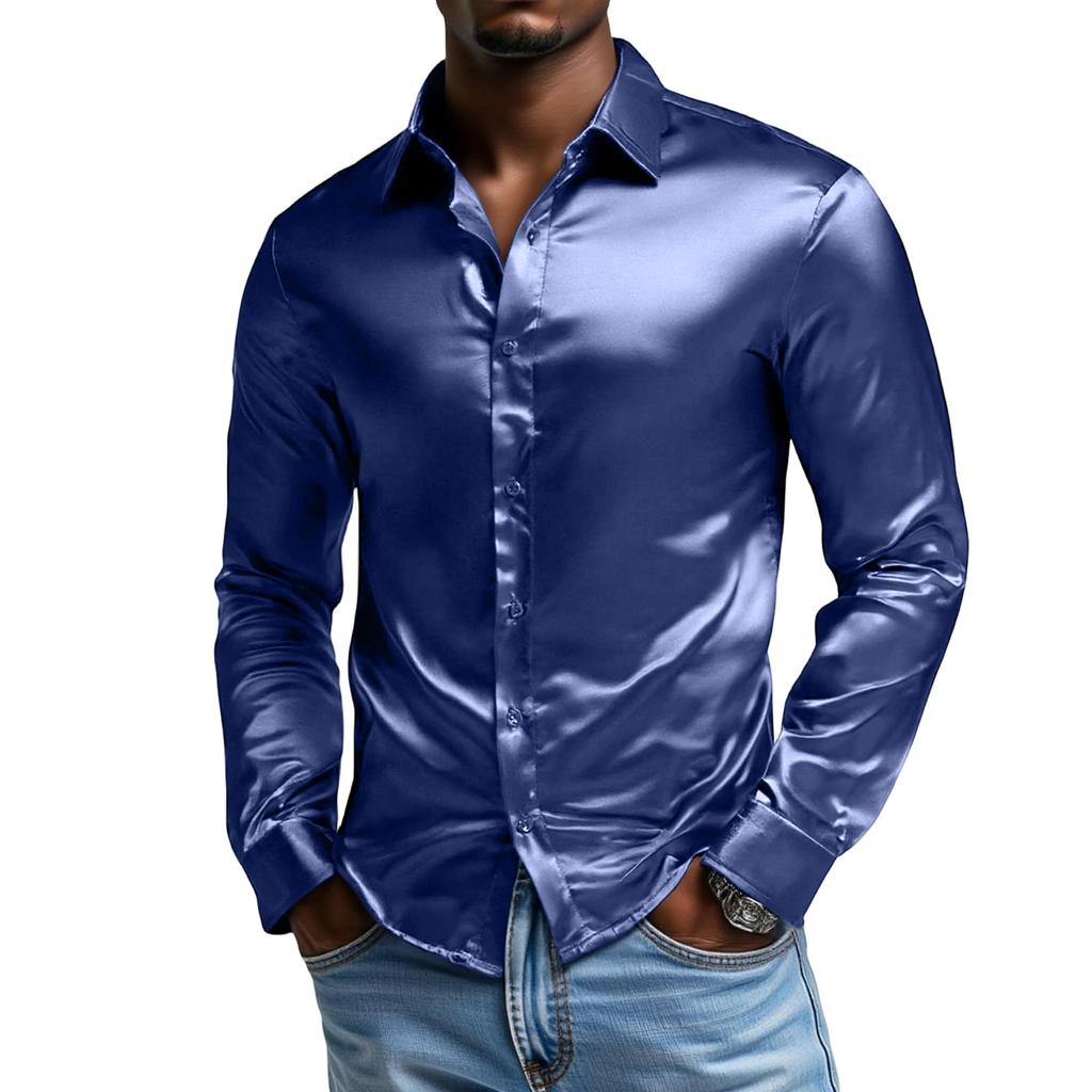 Męska Koszula z Długim Rękawem, Jednym Guzikiem i Kołnierzem Klapowym