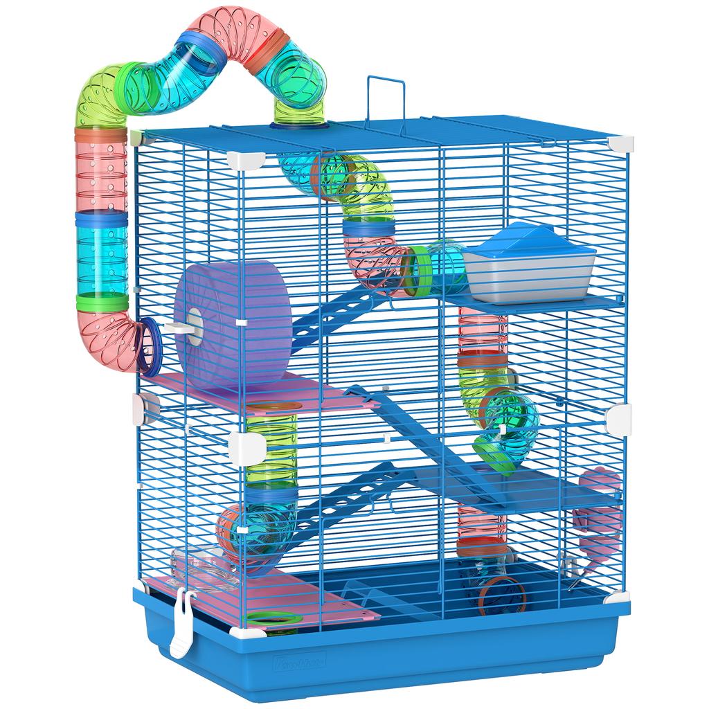 5-Tier Hamster Cage with Tubes, Wheel, Ladders, House and Bottle, 46x30x58 Cm