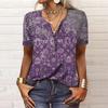 Women's Fashion Casual V-neck Short Seeve Ethnic Printing Button Loose Top