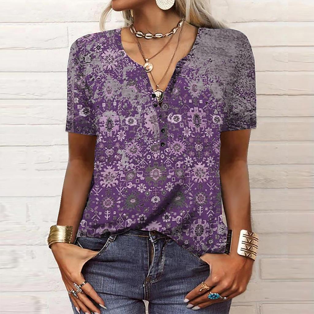 Women's Fashion Casual V-neck Short Seeve Ethnic Printing Button Loose Top