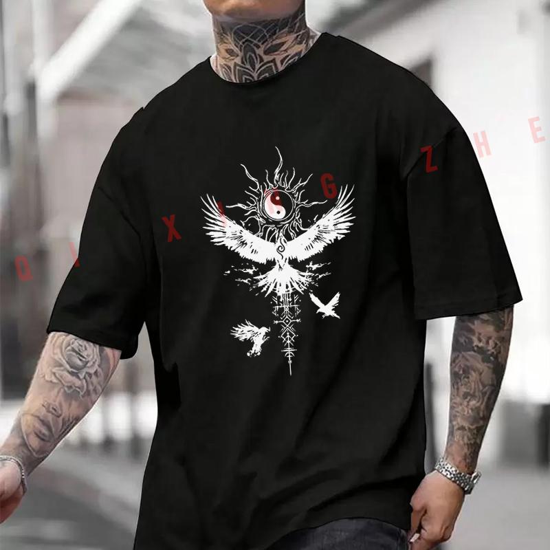 Men T-Shirt Yin Yang Wing Graphic Motorcycle Cotton Men‘s T-Shirt O-neck Short Sleeve Fashion Hip Hop Tops Tee