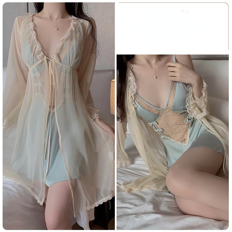 Sexy ryggløs forførende dyp V komfortabel pyjamas sløyfe stropp pyjamas kjole hjemme dress