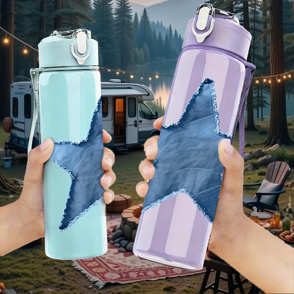 1PC Denim Blue Star 750ml Color Plastic Sports Water Bottle Leakproof Flip Straw Lid Suitable for Sports Office Home Use