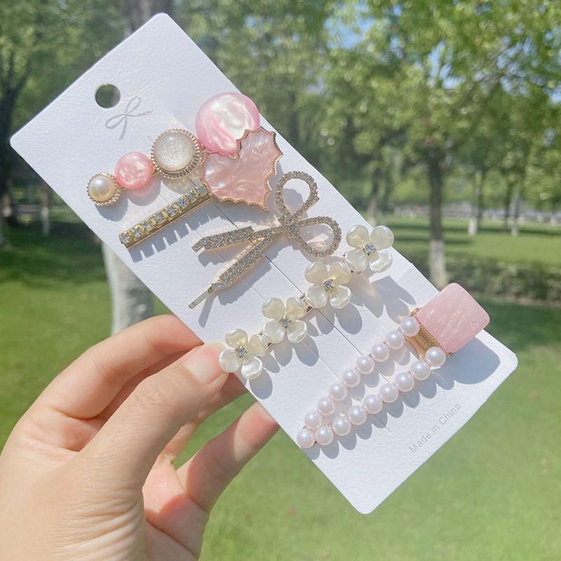 6-Piece Retro Korean Style Hair Clip Set with Bear, Pearl, Rhinestone, and Fairy Designs