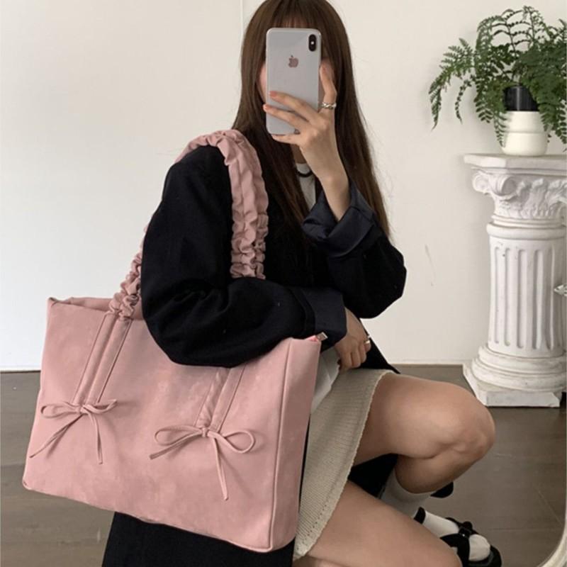 Sweet Cute Pink Bow Tote Bag Women Large Capacity Pleated Handle Shoulder Bag Ladies Casual Versatile Crossbody Purse Chic 2025