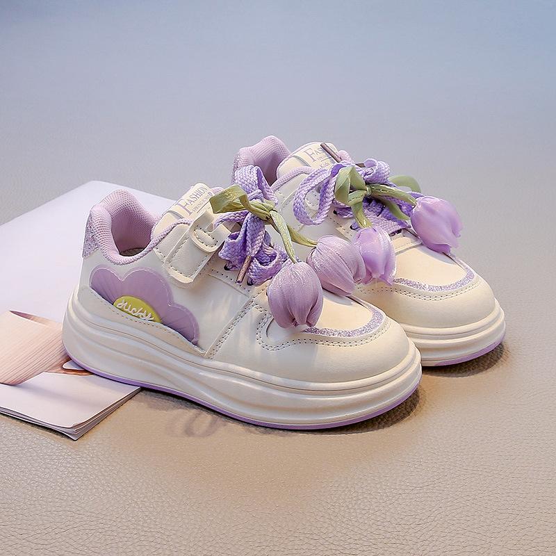 Dievčenské topánky princeznovské topánky 2025 tulipán ľahké detské tenisky s mäkkou podrážkou board shoes jeseň priedušné biele topánky