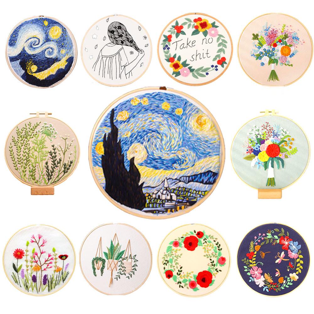 DIY Embroidery Material Kit Floral Pattern Printed Simple Cross Stitch Punch Needle Set Handwork Needlework Craft Painting Decor