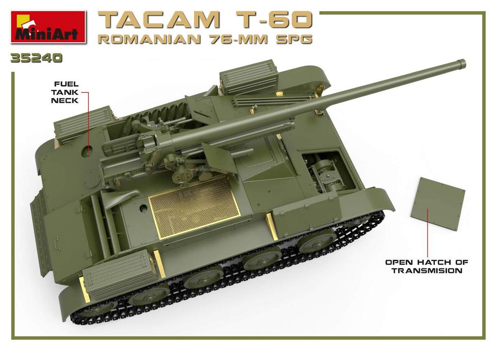 MiniArt Scale Romanian Army 76mm Artillery TACAM Full Interior Plastic Model Kit MA35240 1/35 Self-Propelled T-60