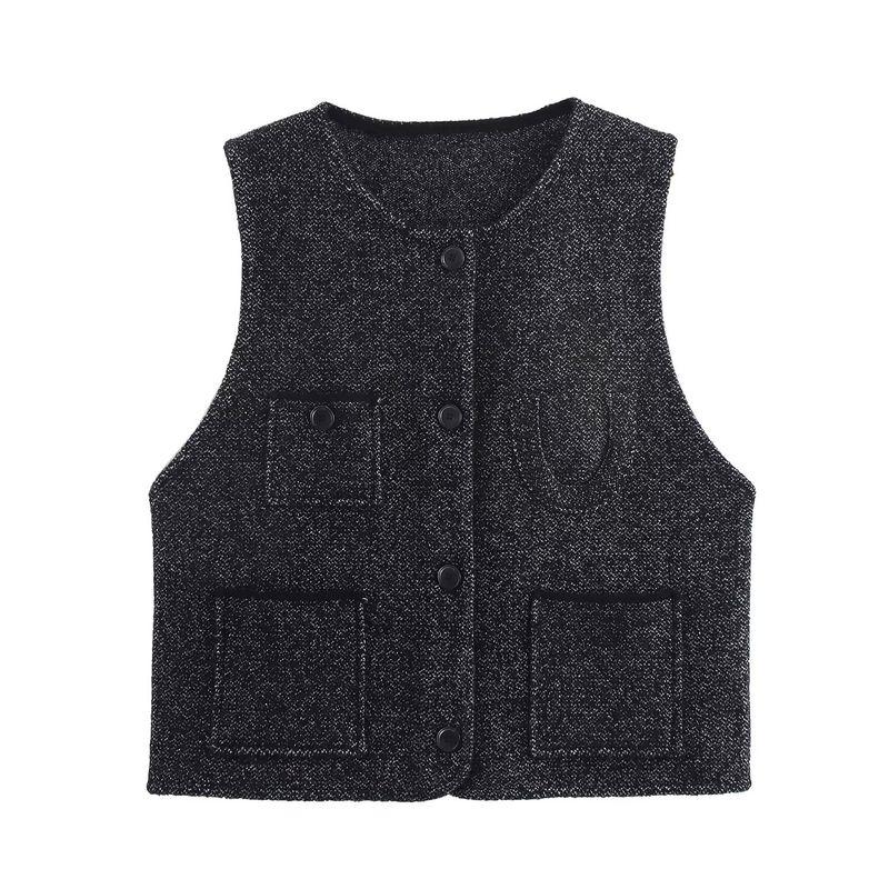 Kaslead New Women Clothes Western Style Fashion Bright Silk Graceful Round Neck Pocket Cardigan Sweater Vest