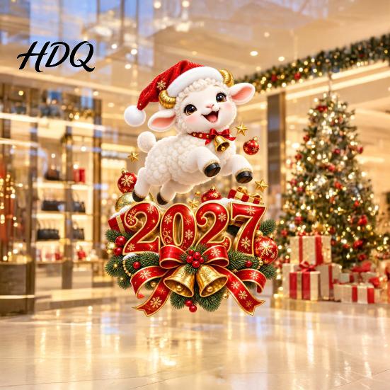 Christmas Lamb Window Art 2027 New Year Clings Cartoon Sheep Static Glass Stickers Door Festive Ornaments of Goat Decal for Holiday Home Office