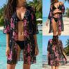 Summer Floral Print Chiffon Kimono 3/4 Sleeve Sheer Beach Cover Up