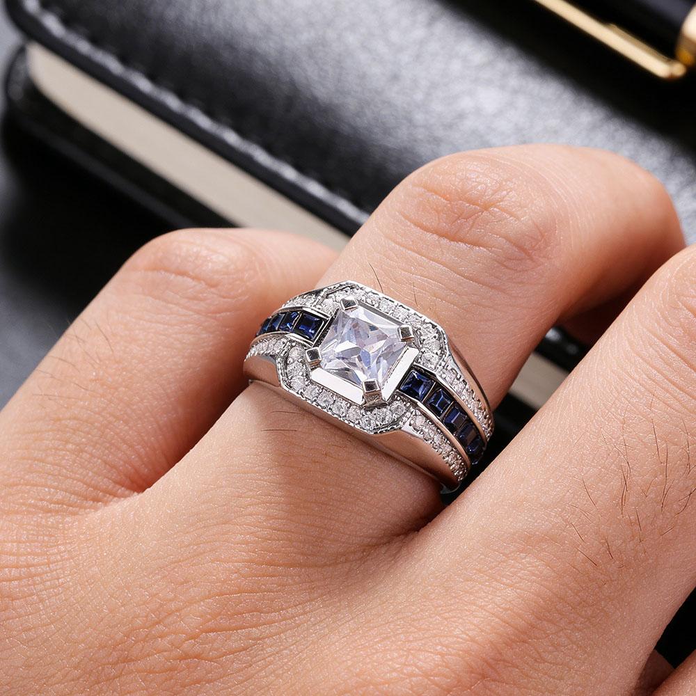 Square Cut White CZ Ring - CopperTone Blue Sapphire Accent Pave Statement Ring for Men & Women