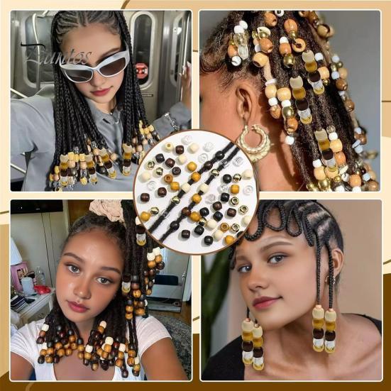 Multi-strand Braid Beads 60Pcs Dreadlock Hair Accessories, Large Hole for Thick Braids And Kids Adult Dreadlocks, Multi-Color Imitation Wood