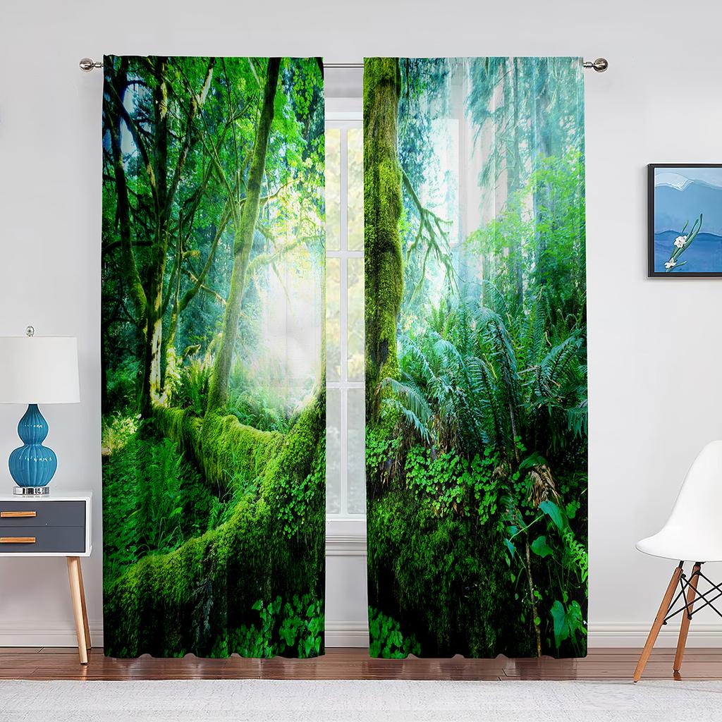 2panels Woodland Forest Foliage Sunbeams Nature View Curtains for Living Room Bedroom Kitchen Decor Sheer Curtains Window Drape