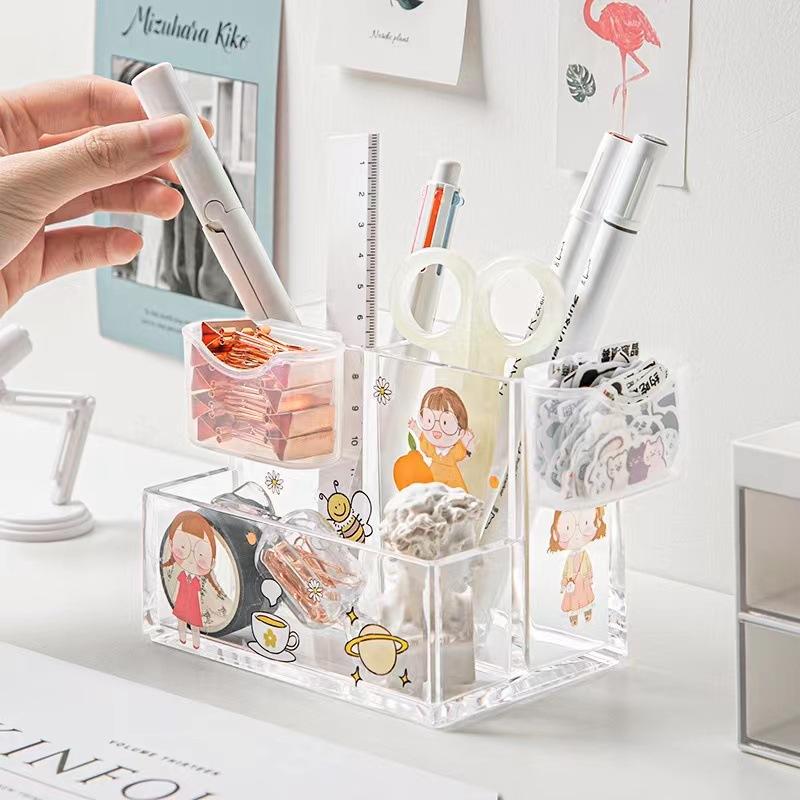 Square acrylic transparent pen holder simple storage pencil case pen holder storage container for students
