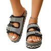 Women's Wide Width Fringe Slides, Double Buckle Platform Sandals, Rhinestone Summer Slippers for Women