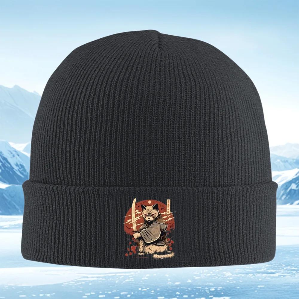 Samurai cat red eyes holding sword Unisex Women Unisex Knitted Hat Beanie Pullover Cap Winter Thermal Warm Christmas Outdoor Cyclin
