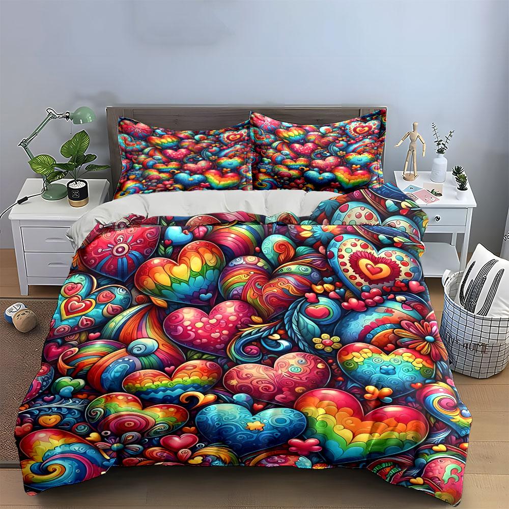 Colorful Heart Pattern Decor Set Soft Comfortable Duvet Cover Bedding Set Included 1*Duvet Cover & 2*Pillowcases, Gift