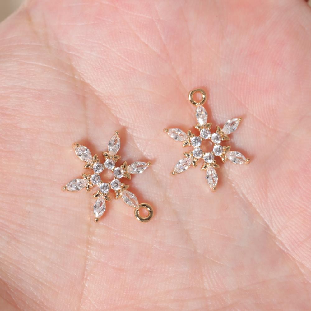 Golden Plated Copper Snowflakes Charms Pendants with Clear Zirconia, DIY Jewelry Making Supplies for Earrings Necklaces, Sweet Girly Gift for Women