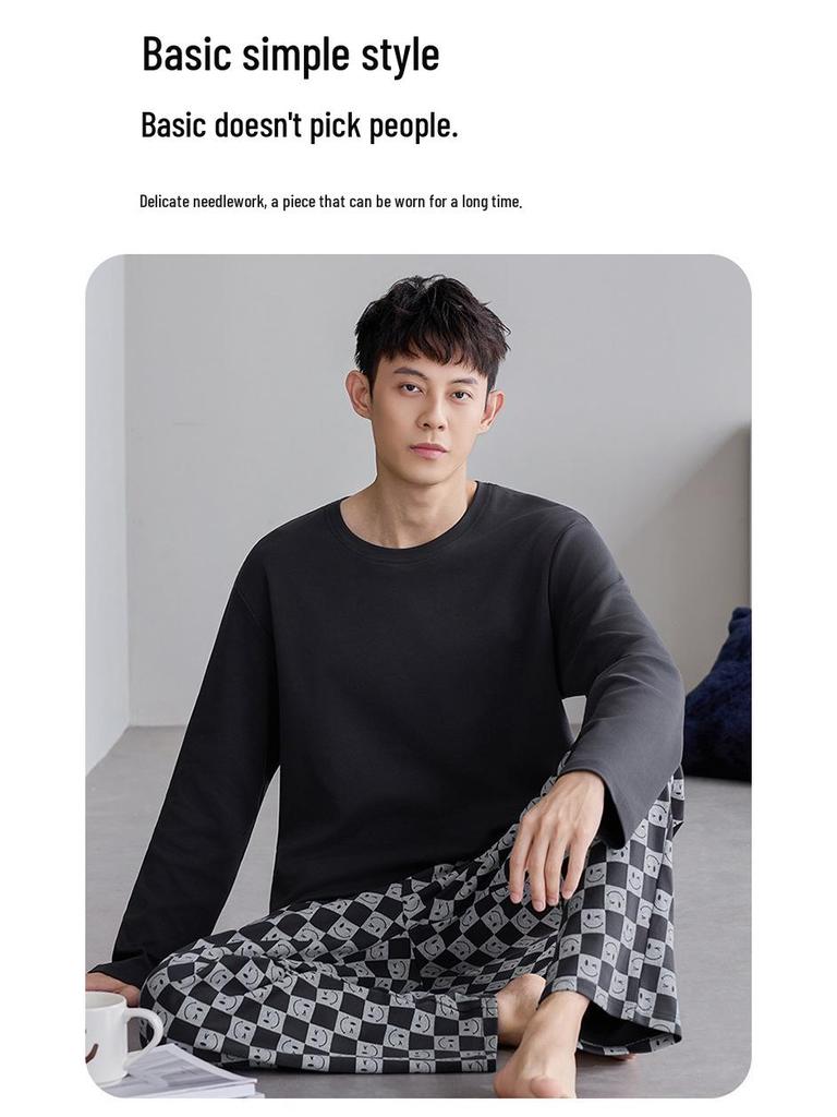 Herren Pyjama-Set aus reiner Baumwolle mit Karomuster – Langärmlig, Übergröße, Teenager-freundlich, Für drinnen oder draußen, Frühling/Herbst.