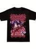 New T-Shirt for Men with Gothic Anime Death Metal Theme- Dark Red and Pink Floral Print Decoration| Uni Short-Sleeve