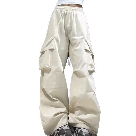 Women Pants Elastic Waist Adjustable Drawstring Wide Leg Casual Trousers Multi Pockets Design Cargo Pants